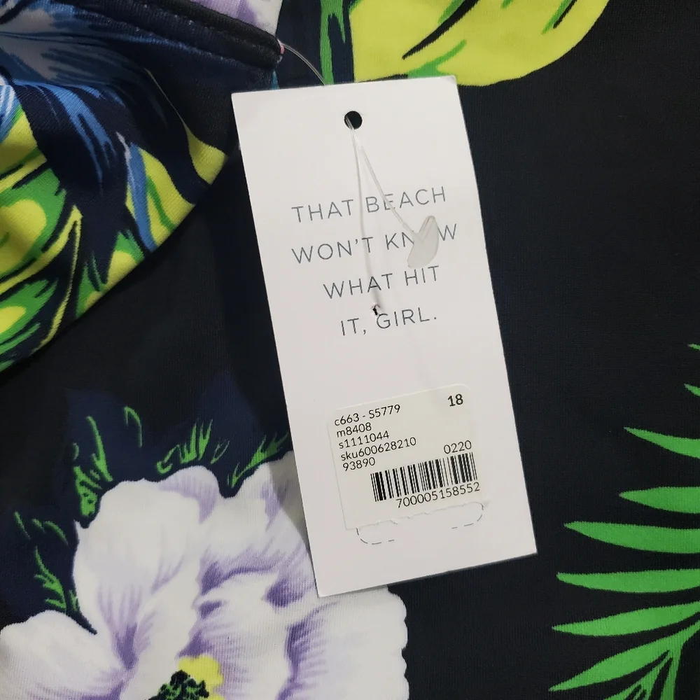 NWT Cacique Two Piece Swimsuit Blouson Tee Bikini Bottom Black Floral Size 18